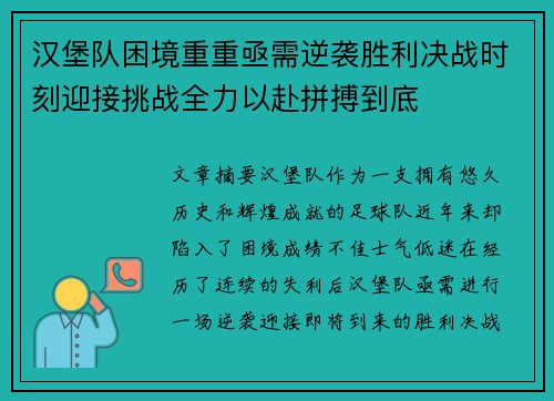 汉堡队困境重重亟需逆袭胜利决战时刻迎接挑战全力以赴拼搏到底