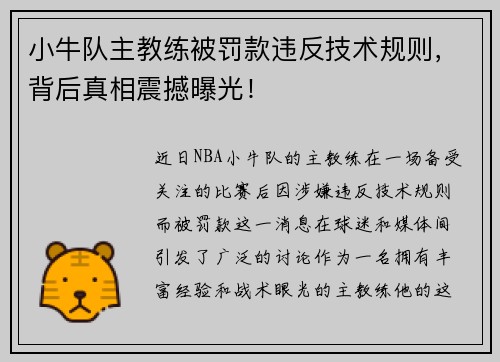 小牛队主教练被罚款违反技术规则，背后真相震撼曝光！